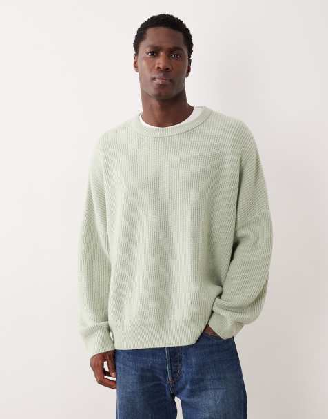 ASOS DESIGN super oversized knitted fisherman rib crew neck jumper in sage green - view 1