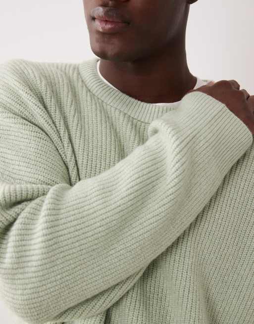 ASOS DESIGN super oversized knitted fisherman rib crew neck jumper in sage green, 5 of 5