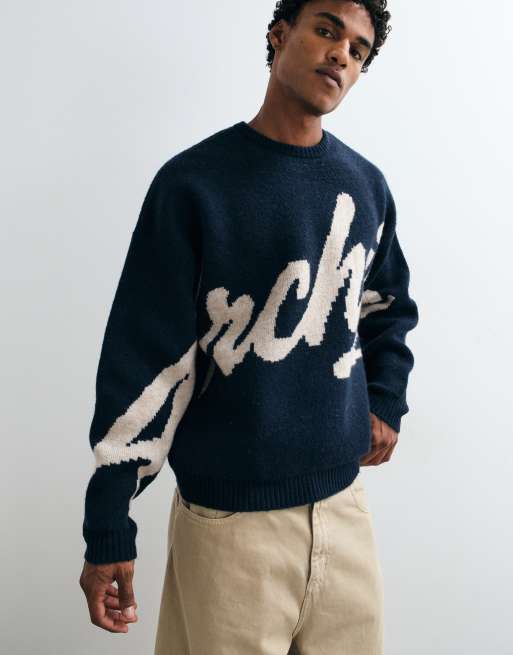 ASOS DESIGN super oversized knitted graphic jumper in navy, 5 of 5