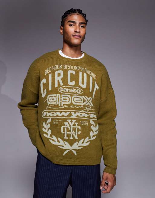  ASOS DESIGN super oversized knitted jumper in green with motor cross text 