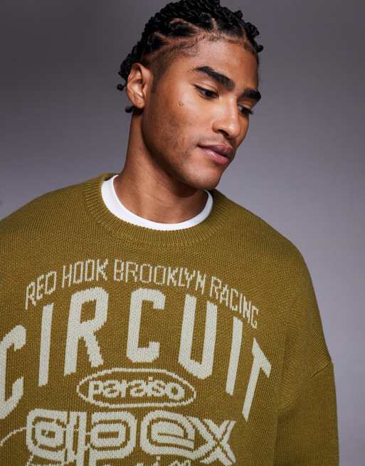 ASOS DESIGN super oversized knitted jumper with motor cross text in green, 5 of 5