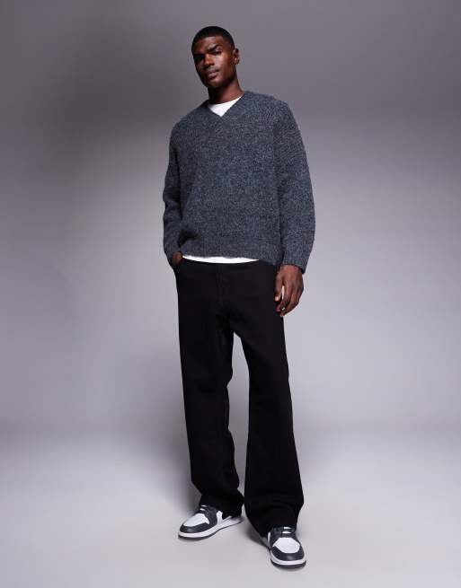 ASOS DESIGN super oversized knitted v-neck jumper in charcoal, 2 of 5