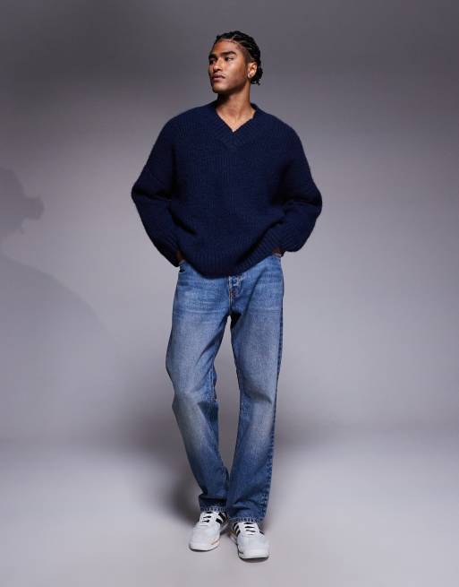 ASOS DESIGN super oversized knitted v-neck jumper in navy, 2 of 5