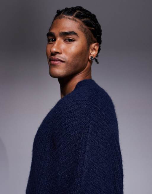 ASOS DESIGN super oversized knitted v-neck jumper in navy, 5 of 5
