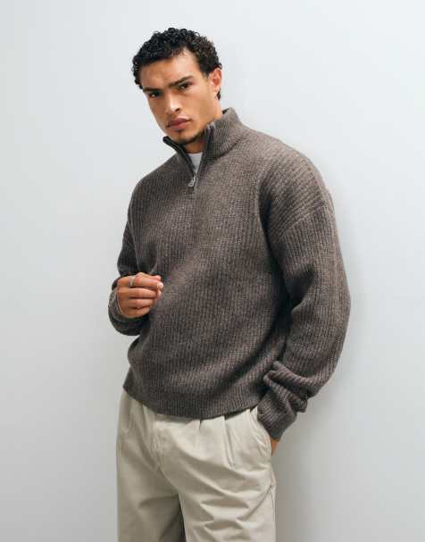 ASOS DESIGN super oversized knitted wool blend half zip rib jumper in brown marl - view 1