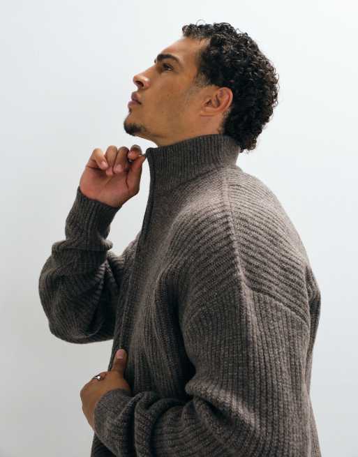 ASOS DESIGN super oversized knitted wool blend half zip rib jumper in brown marl, 5 of 5
