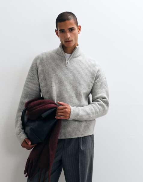 ASOS DESIGN super oversized knitted wool blend half zip rib jumper in grey marl - view 1