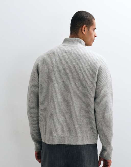 ASOS DESIGN super oversized knitted wool blend half zip rib jumper in grey marl, 3 of 5
