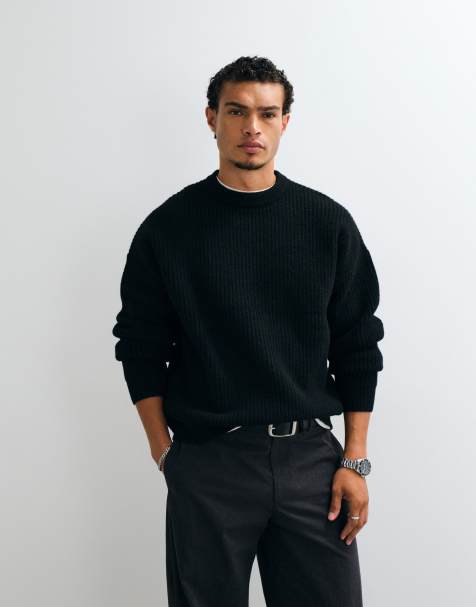 ASOS DESIGN super oversized knitted wool blend rib jumper in black - view 1