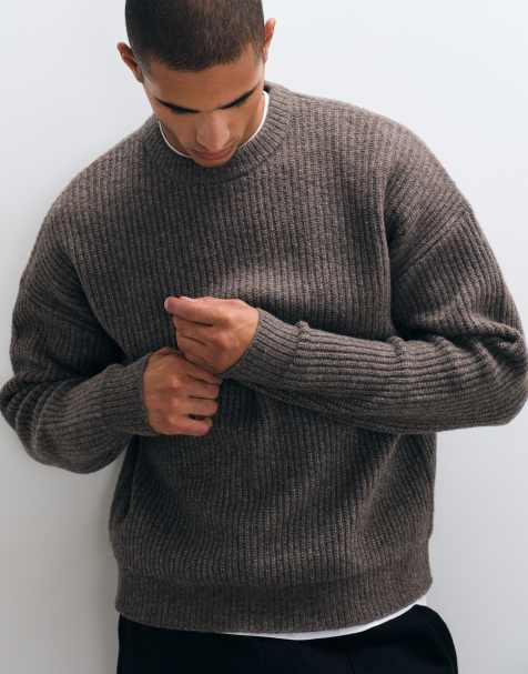 ASOS DESIGN super oversized knitted wool blend rib jumper in brown marl - view 1
