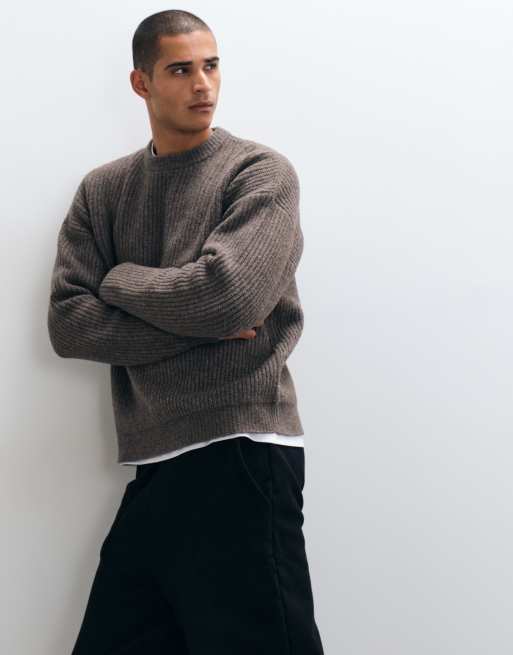 ASOS DESIGN super oversized knitted wool blend rib jumper in brown marl, 2 of 5