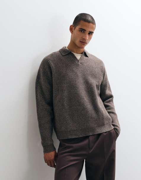 ASOS DESIGN super oversized knitted wool blend rib notch neck jumper in brown marl - view 1
