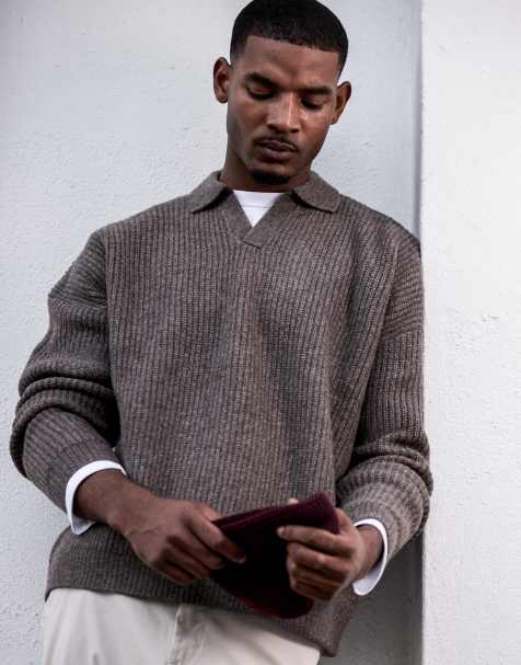 ASOS DESIGN super oversized knitted wool blend rib notch neck jumper in brown marl