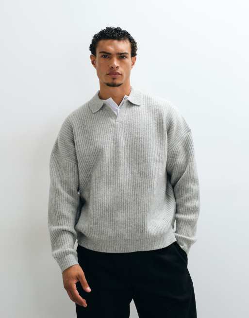 ASOS DESIGN super oversized knitted wool blend rib notch neck jumper in grey marl, 3 of 5