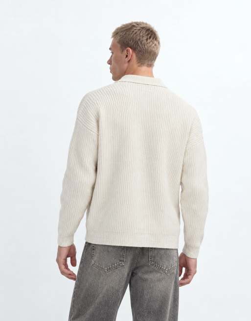 ASOS DESIGN super oversized knitted wool blend rib notch neck jumper in oatmeal, 6 of 9