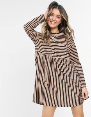 ASOS DESIGN super oversized long sleeve smock dress in camel and black stripe-Neutral