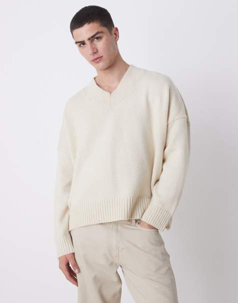 ASOS DESIGN - Super-oversized og beige striktrøje med firkantet pasform og V-hals - view 1