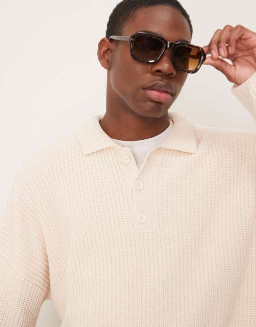 ASOS DESIGN - Super-oversized og råhvid strik-polo med firkantet pasform og ribstrikket tekstur, 2 af 4