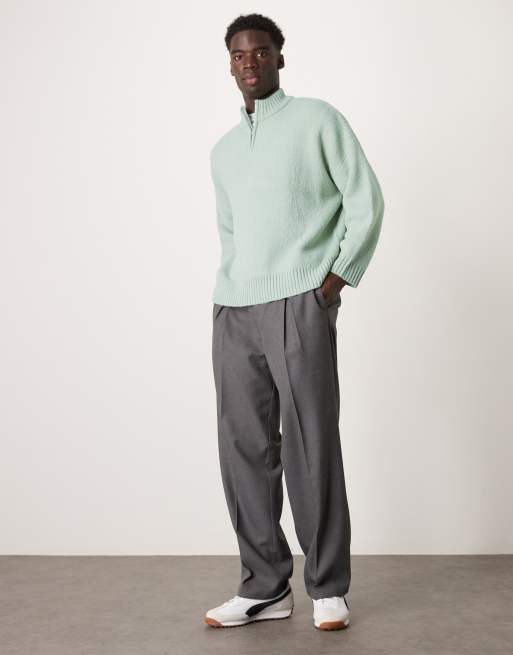 ASOS DESIGN - Super oversized, rechte, geborstelde gebreide trui met korte rits in saliegroen, 2 van 4