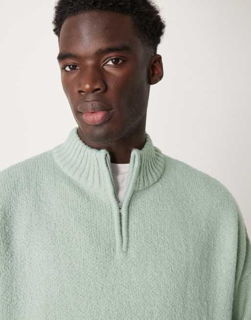 ASOS DESIGN - Super oversized, rechte, geborstelde gebreide trui met korte rits in saliegroen, 4 van 4