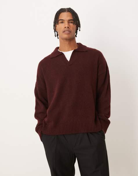ASOS DESIGN - Super oversized rechte gebreide polo met inkeping aan de hals in bordeauxrood - view 1