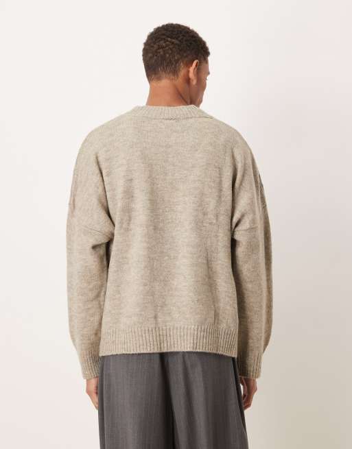 ASOS DESIGN - Super oversized rechte gebreide trui met V-hals in taupe	, 3 van 5