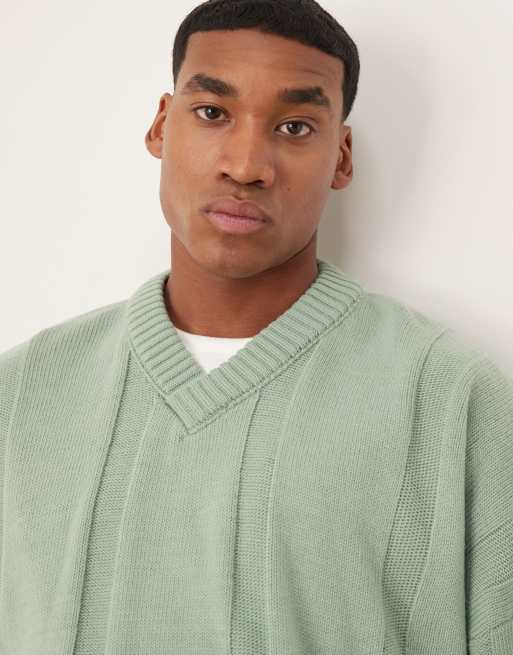 ASOS DESIGN - Super oversized rechte ribgebreide trui met V-hals in saliegroen, 3 van 4