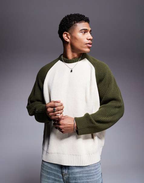 ASOS DESIGN - Super oversized, rechte, ribgebreide visserstrui met raglanmouwen in donkergroen - view 1