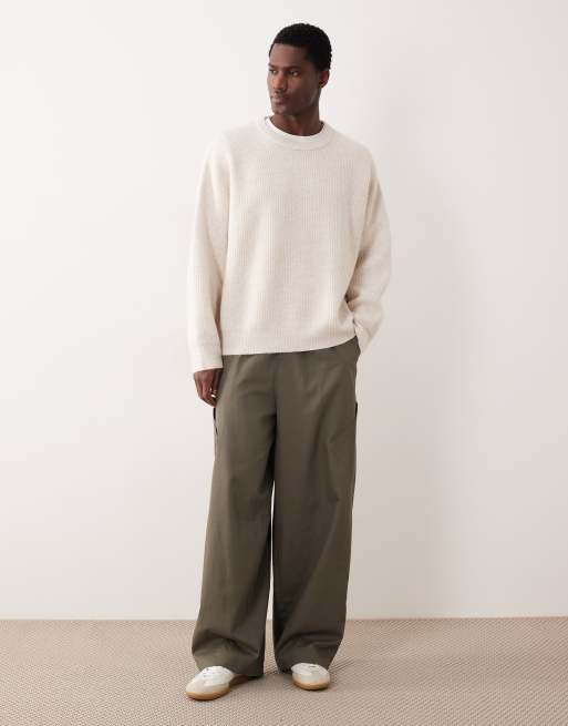 ASOS DESIGN super oversized rib knit crew neck fisherman sweater in oatmeal