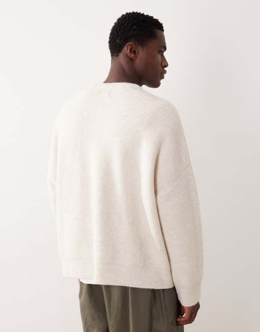 ASOS DESIGN super oversized rib knit crew neck fisherman sweater in oatmeal, 3 of 5