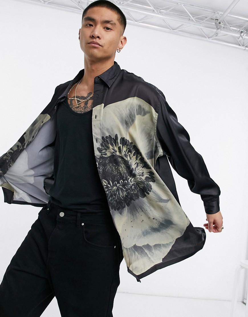 ASOS DESIGN super oversized satin shirt in black with large scale placement floral