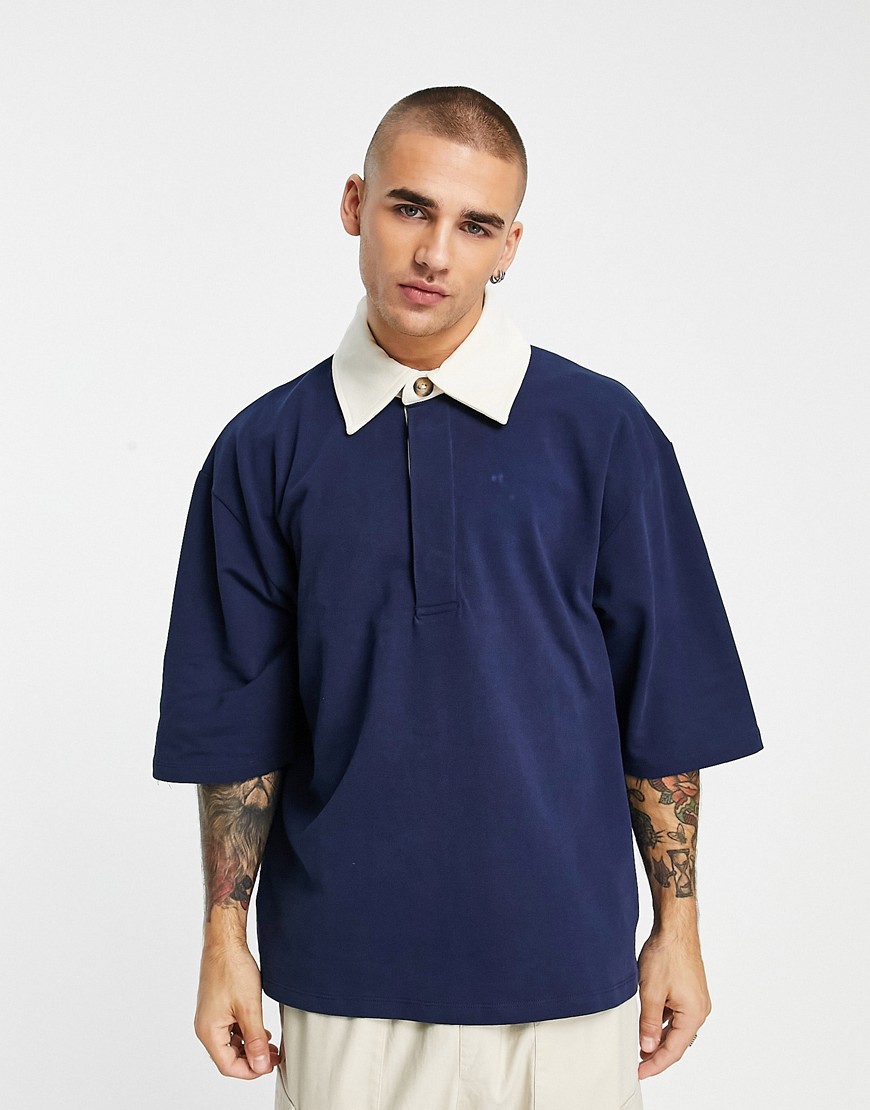 ASOS DESIGN super oversized short sleeve polo neck sweatshirt in dark blue-Navy