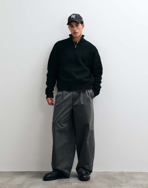 ASOS DESIGN super oversized stickad tröja i ullmix med halv dragkedja och ribb i svart, 2 av 5