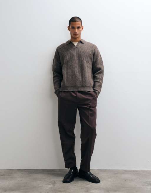 ASOS DESIGN super oversized stickad tröja i ullmix med ribbad notch-krage i brun melerad, 3 av 5