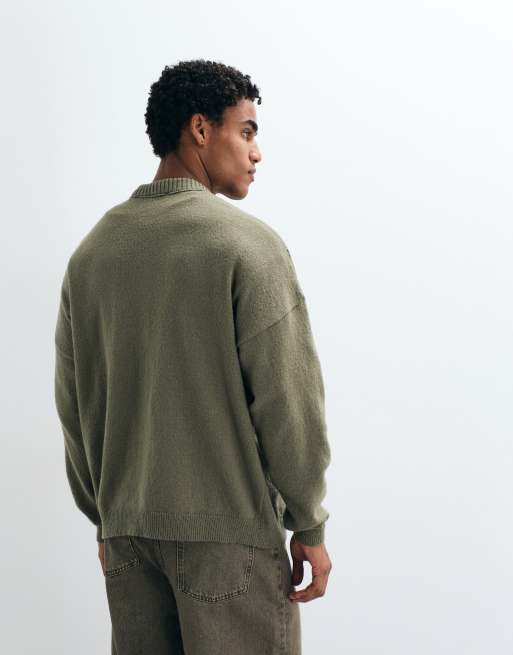 ASOS DESIGN super oversized stickad tröja med rund halsringning i khaki bouclé, 4 av 5