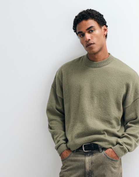 ASOS DESIGN super oversized strikket crew boucle-striktrøje i khaki - view 1