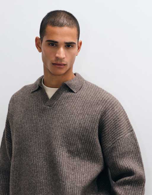 ASOS DESIGN super oversized striktrøje i uldblanding med rib og hakkrave i brun meleret, 2 af 5
