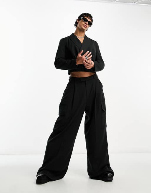 ASOS DESIGN super oversized suit cargo pants with pockets in black