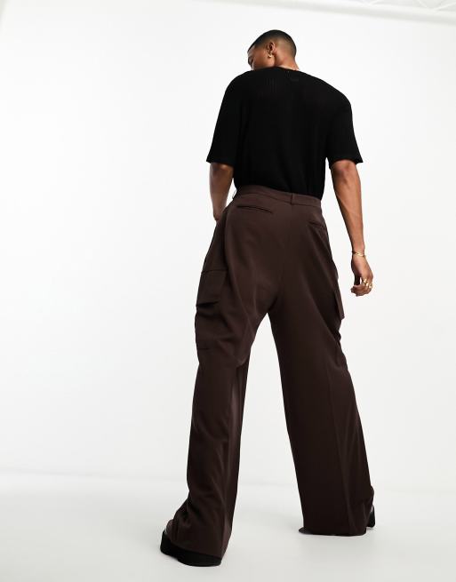 ASOS DESIGN super oversized suit cargo trousers with pockets in brown