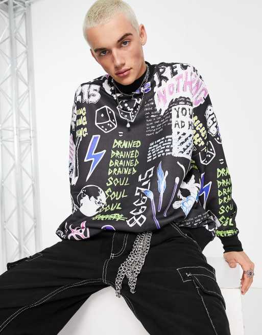 ASOS DESIGN oversized hockey jersey with city print in black and