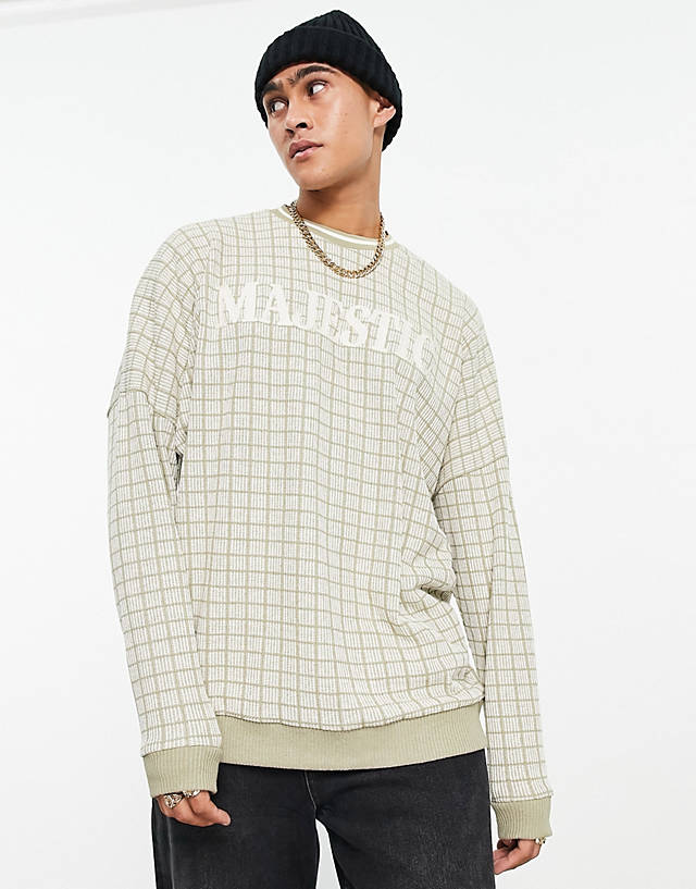 ASOS DESIGN - super oversized sweatshirt in beige check jacquard with text embroidery