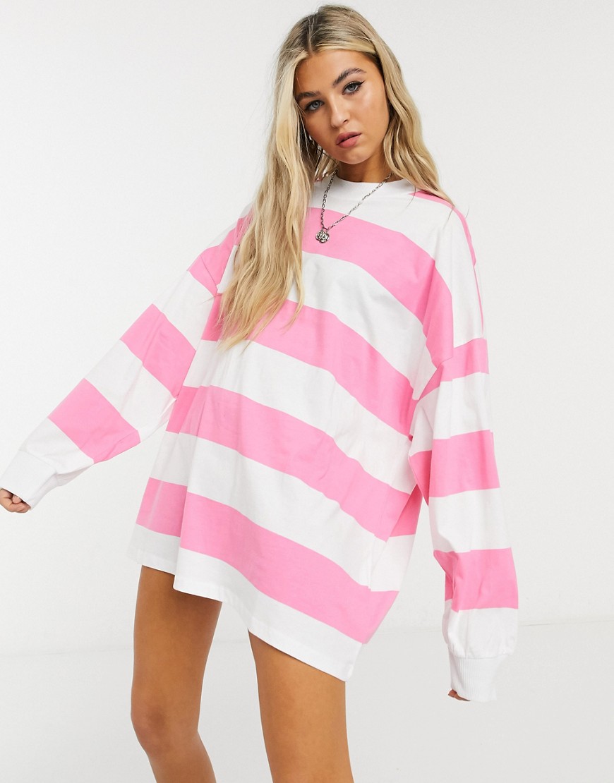 ASOS DESIGN super oversized t-shirt in chunky bright stripe with long sleeve-Pink