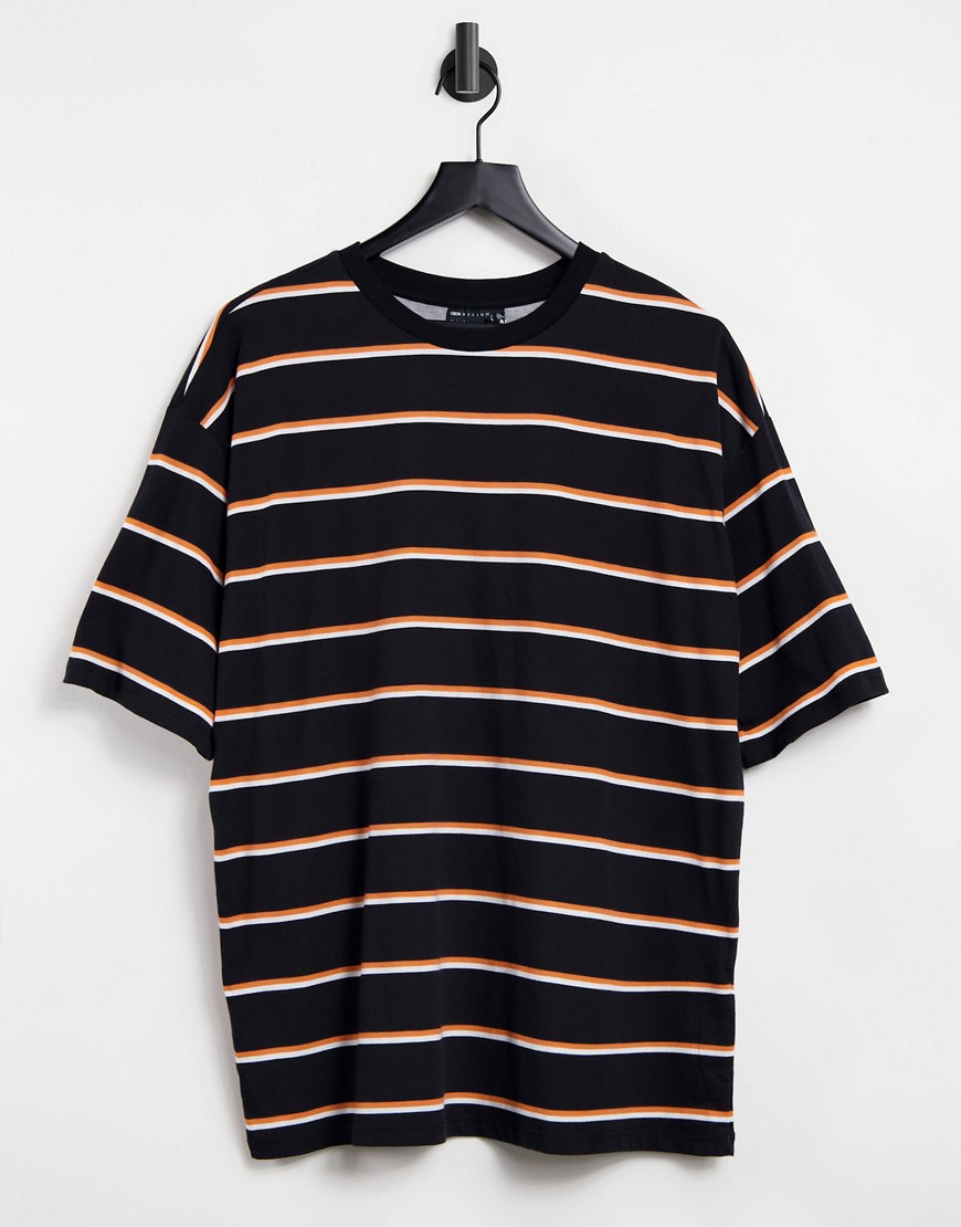 ASOS DESIGN super oversized t-shirt with mixed stripe in black white and orange-Multi