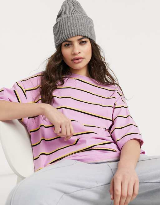 Asos Design Super Oversized T Shirt With Mixed Stripe In Lilac Yellow