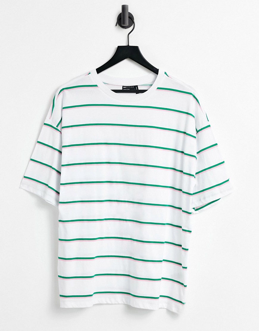 ASOS DESIGN super oversized t-shirt with mixed stripe in white pink and green-Multi
