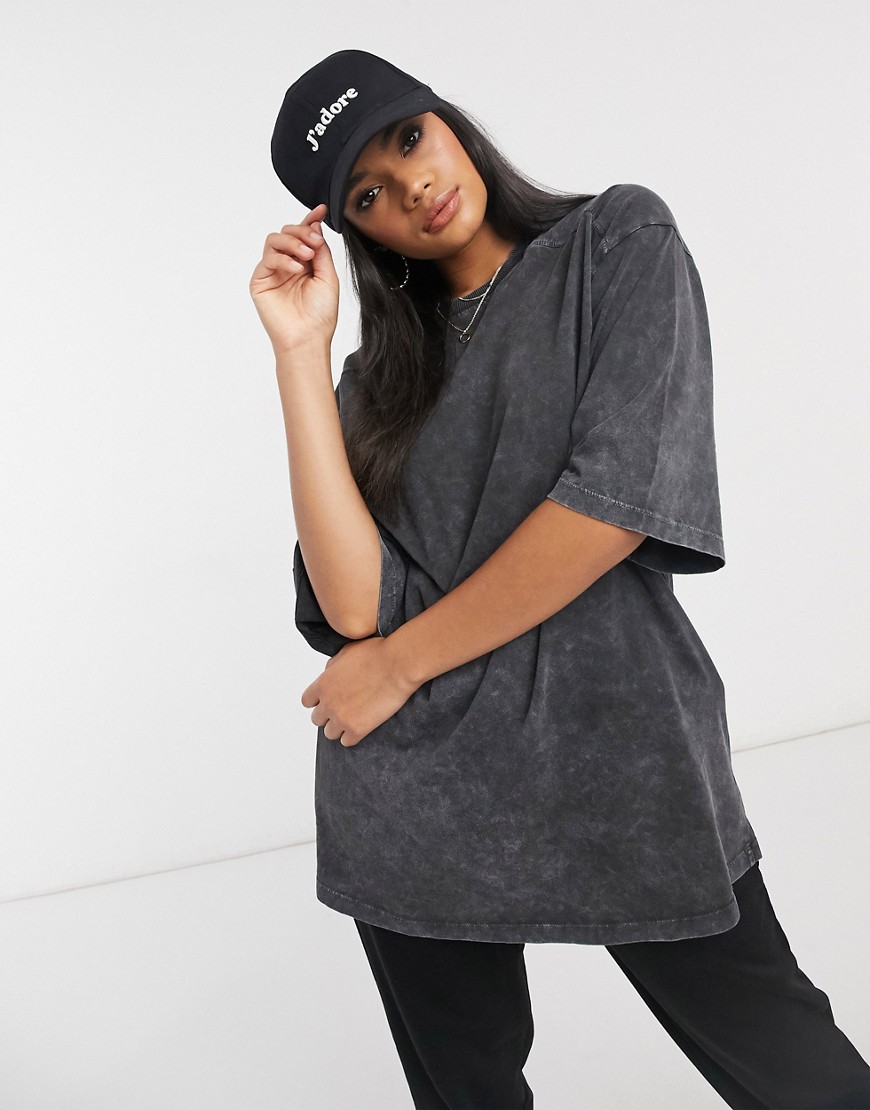 Asos Design Super Oversized T-shirt With Stitch Detail In Washed Charcoal-grey