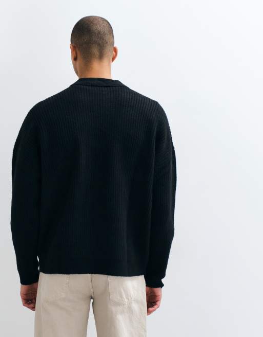 ASOS DESIGN super oversized wool blend rib knit notch neck sweater in black, 3 of 5