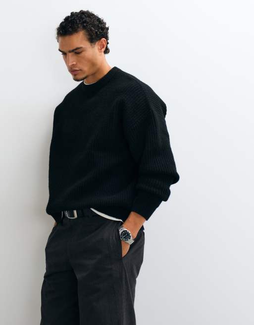 ASOS DESIGN super oversized wool blend rib knit sweater in black, 3 of 5