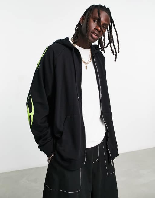 ASOS DESIGN super oversized zip through hoodie in black with neon tattoo sleeve print, 3 of 4