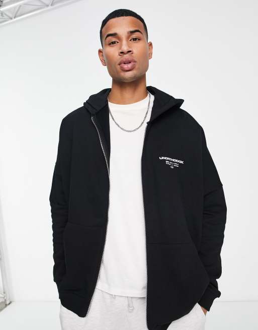 ASOS DESIGN super oversized zip through hoodie in black with text chest and statue back print ASOS